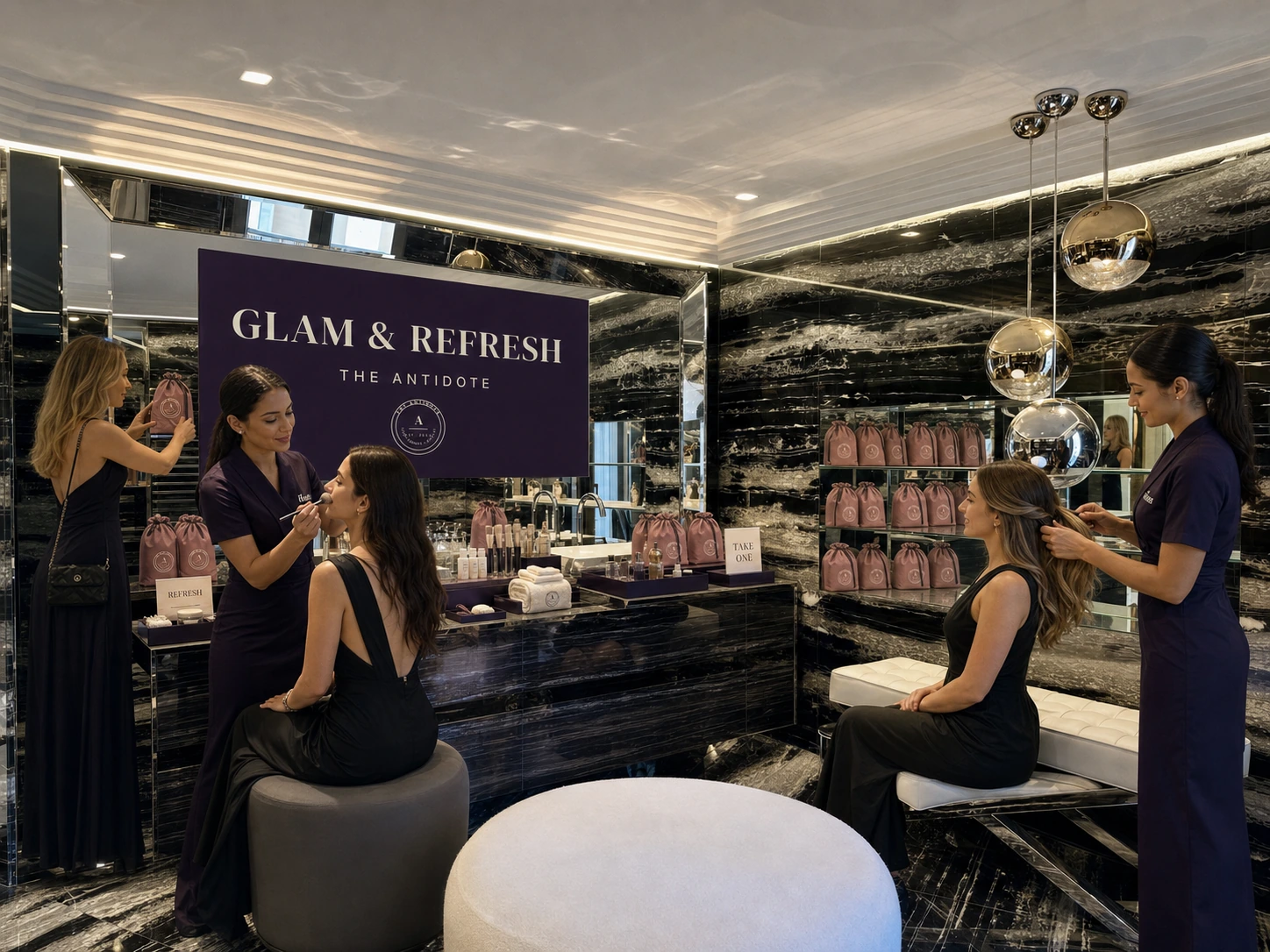 Women receiving makeup touch-ups at The Antidote Glam and Refresh station in the apartment.