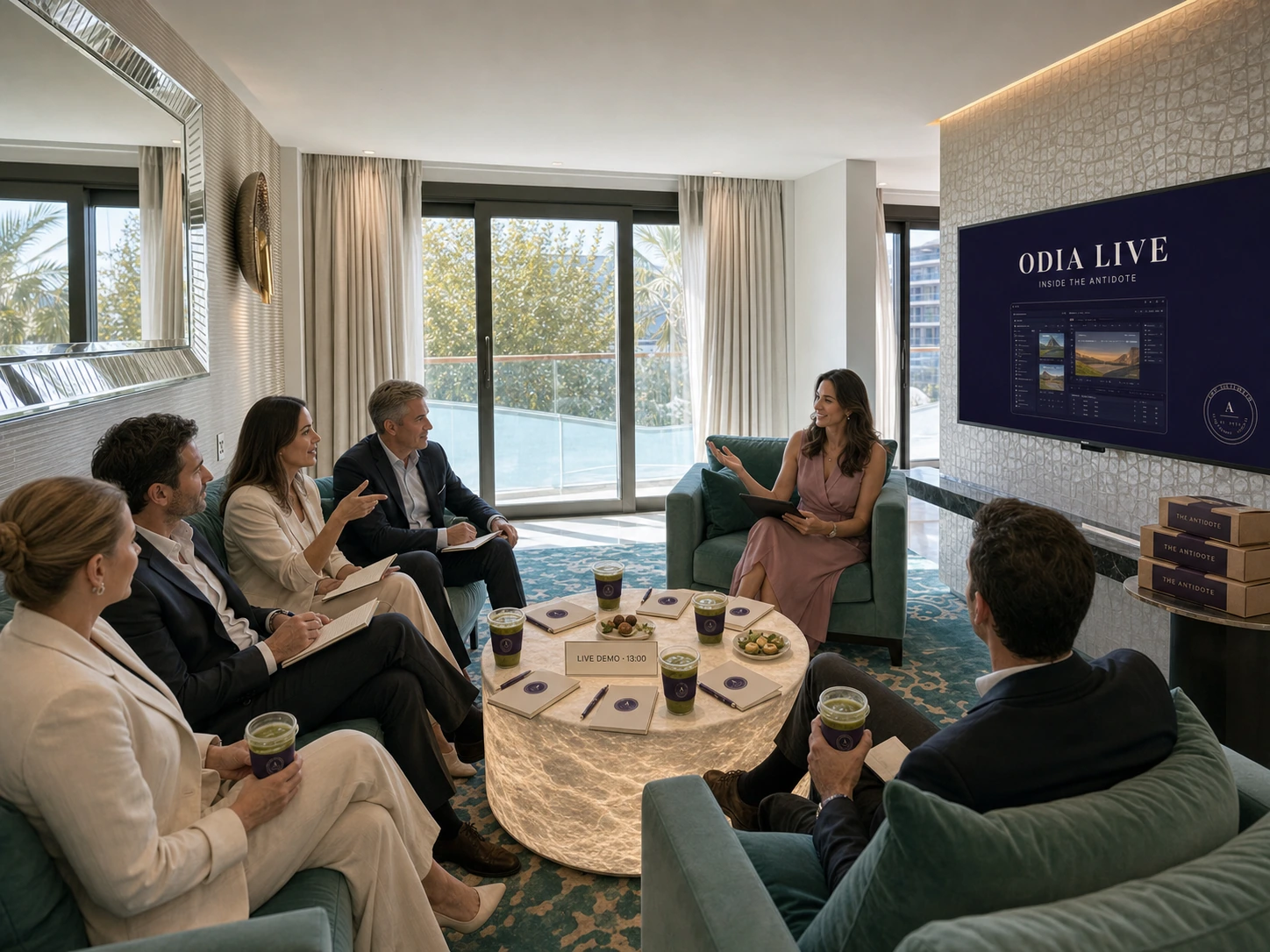 A small group of travel professionals in conversation around an ODIA live product salon in the Cannes apartment.