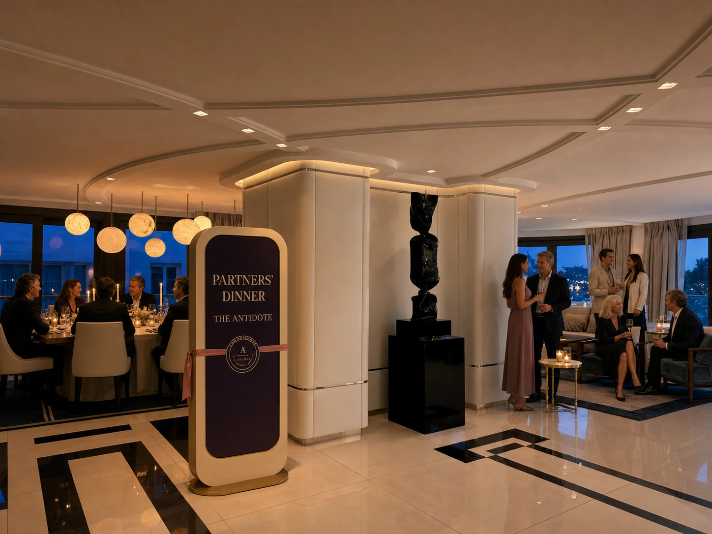 An intimate evening dinner and cocktail gathering in The Antidote apartment with visible event branding.