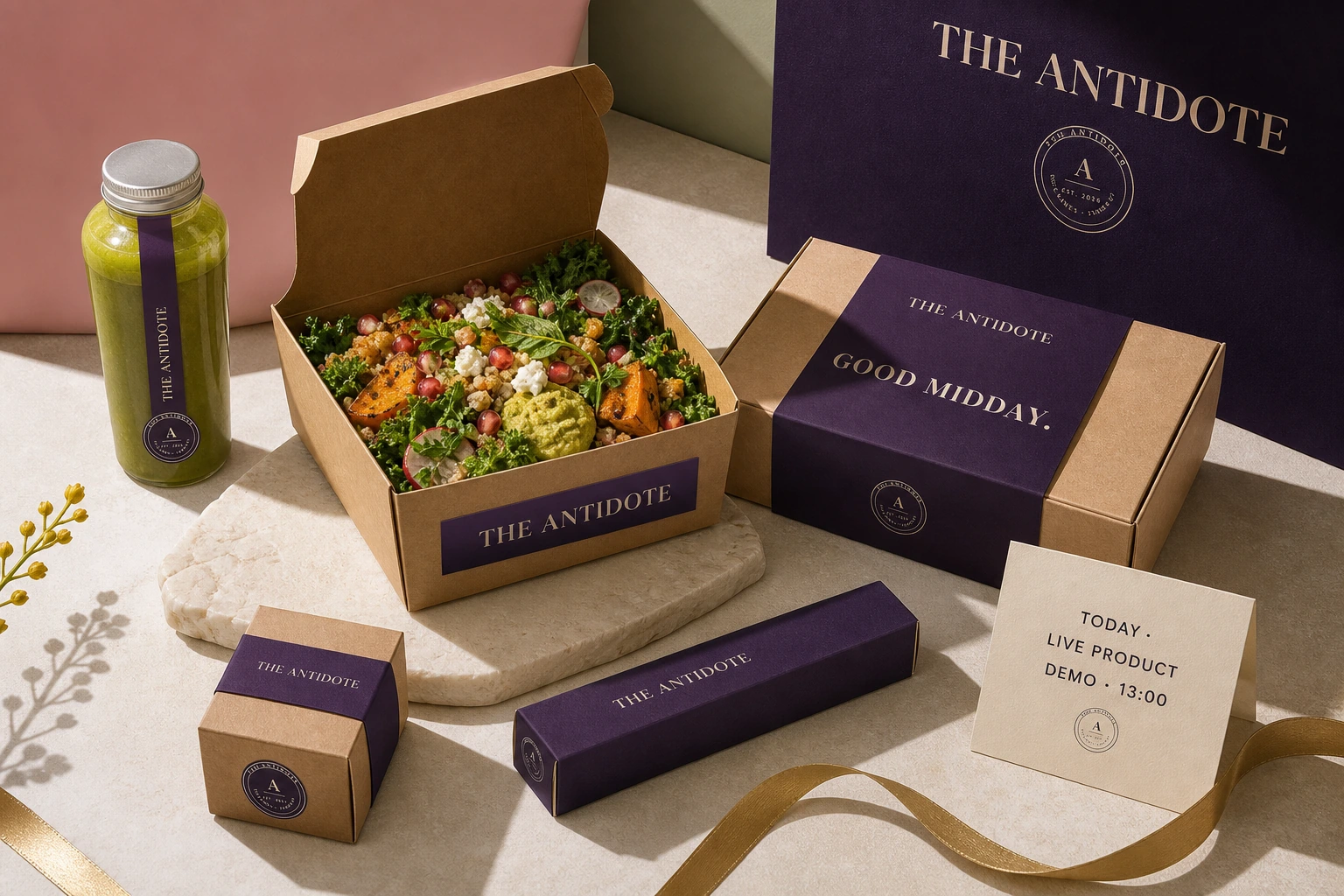 A colorful plant-forward lunch, smoothie, wrap, side box, and menu card in branded Antidote packaging.