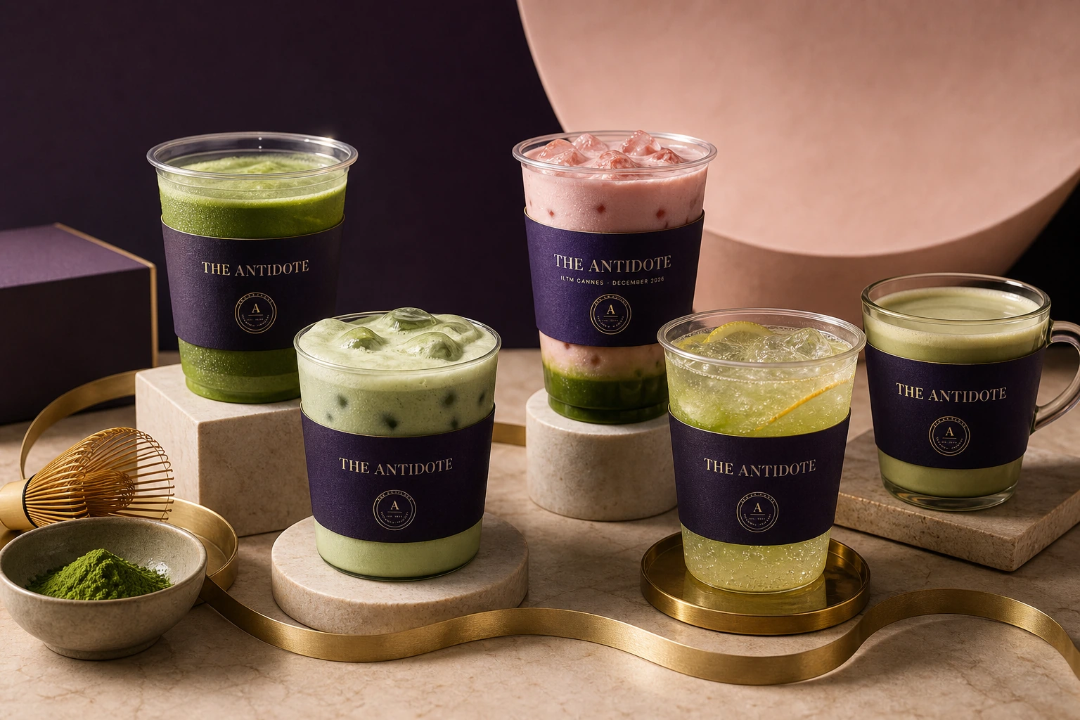 Five colorful matcha drinks in clear cups with aubergine Antidote bands and a brass ribbon.