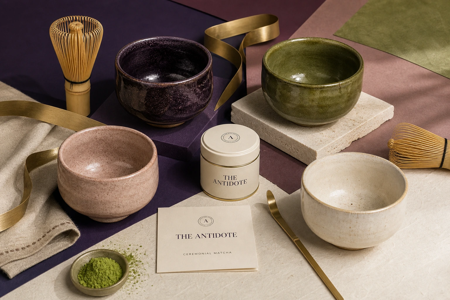 A colorful collection of Antidote matcha bowls, bamboo whisks, tea tin, and ritual card.